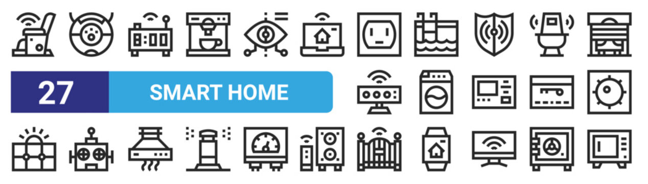 Set Of 27 Outline Web Smart Home Icons Such As Massage Chair, Vacuum Cleaner, Smart Clock, Pool, Washing Hine, Robot, Gate, Oven Vector Thin Icons For Web Design, Mobile App.