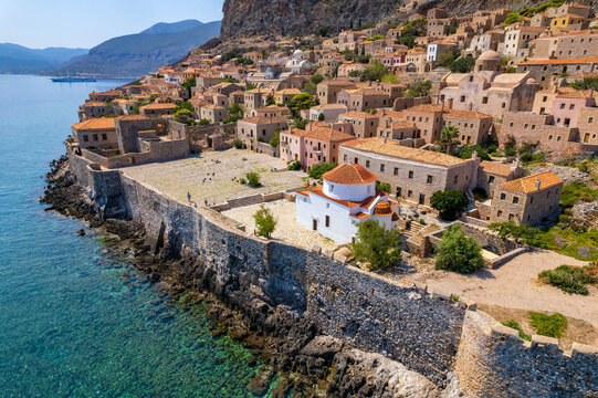 Aerial view of the medieval  castle of Monemvasia, Lakonia, Peloponnese, Greece