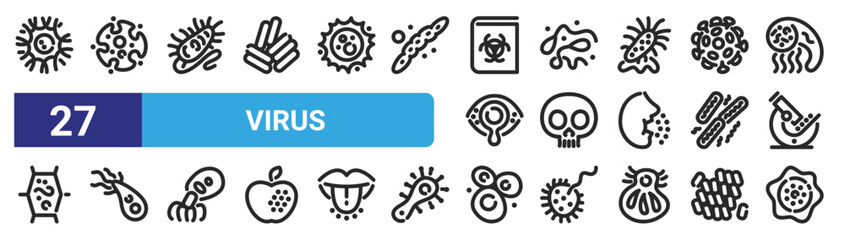 set of 27 outline web virus icons such as flagellate, malaria, excavata, sperm, lethality, giardia, cell, chaos vector thin icons for web design, mobile app.