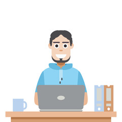 Man Using Laptop For Work From Home Wear Short Hoodie