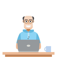 Man Using Laptop For Work From Home Wear Short Hoodie