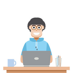 Man Using Laptop For Work From Home Wear Short Hoodie