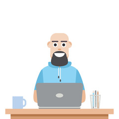 Man Using Laptop For Work From Home Wear Short Hoodie