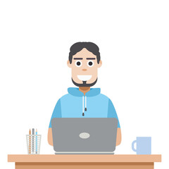 Man Using Laptop For Work From Home Wear Short Hoodie