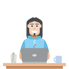 Man Using Laptop For Work From Home Wear Short Hoodie