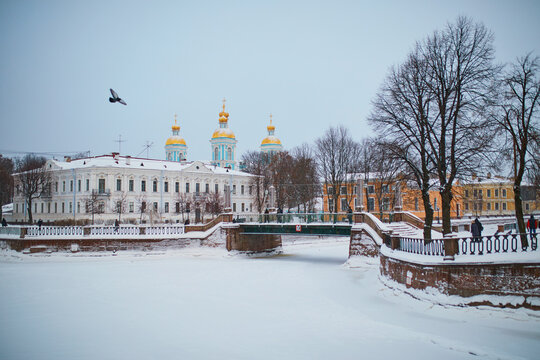 Scenic view of St. Nicholas Naval Cathedral on cold snowy winter day in Saint Petersburg, Russia