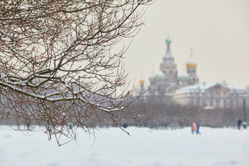 Savior on the Spilled Blood Church seen from Field of Mars on a snowy winter day in Saint Petersburg, Russia