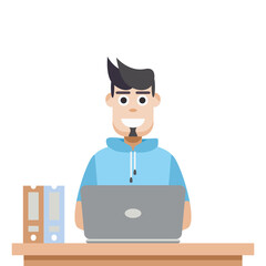 Man Using Laptop For Work From Home Wear Short Hoodie