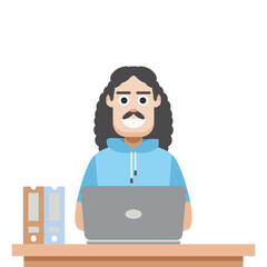 Man Using Laptop For Work From Home Wear Short Hoodie