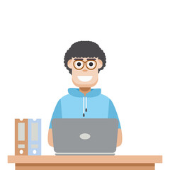 Man Using Laptop For Work From Home Wear Short Hoodie