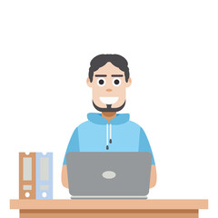 Man Using Laptop For Work From Home Wear Short Hoodie