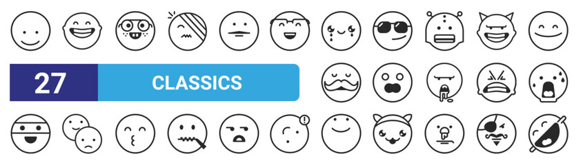 set of 27 outline web classics icons such as smile, laugh, nerd, cool, scream, feelings, happy, laugh vector thin icons for web design, mobile app.