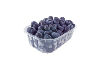 Ripe purple blueberries in the plastic container isolated transparent png. Berries packed for supermarket.