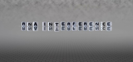 rna interference word or concept represented by black and white letter cubes on a grey horizon background stretching to infinity - obrazy, fototapety, plakaty