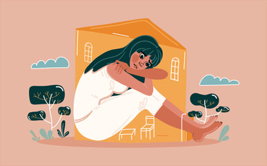 A young woman leans on her knees and sits sad in a cramped house. Sadness, depression and thoughts. The concept of loneliness, insecurity, mental illness, sadness and fatigue. Introvert teenager