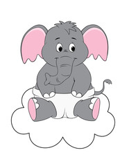 cute fat baby elephant sitting on a cloud. color digital illustration that you can print on standard 8.5x11 inch paper
