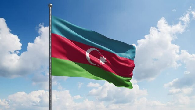 Azerbaijan Flag Waving Slow Motion on the clear sky background. Large Azerbaijan Flag flies. National Day Celebration - Labor, Independence,  Memorial, Veterans, Patriots, President Day
 - Powered by Adobe