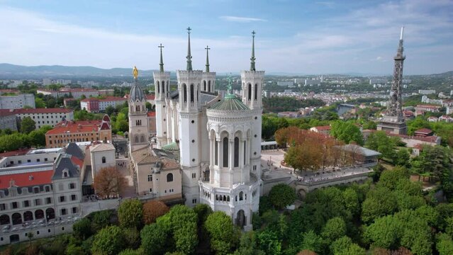 The drone aerial footage of The Basilica of Notre-Dame de Fourvi&egrave;re and Lyon city. The Basilica of Notre-Dame de Fourvi&egrave;re is a minor basilica in Lyon.
