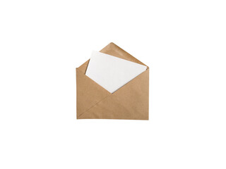 Kraft paper envelope with white blank card isolated transparent png