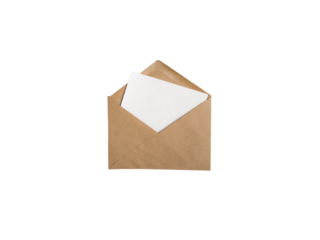 Kraft paper envelope with white blank card isolated transparent png