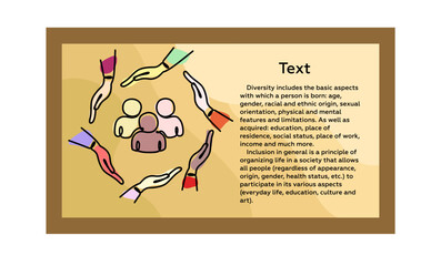 The concept of inclusion, diversity and equality. Hands of different nationalities form a circle around people pictogram. Place for text