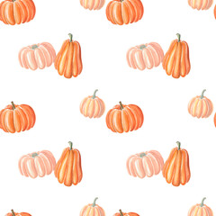 Seamless simple pattern with watercolor hand-drawn pumpkins. Art for celebration of Thanksgiving Day and Halloween. Illustration for party decor and textile.