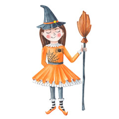 Cute watercolor little witch in orange dress with spider net. Costume for Halloween party with wooden broom. Pretty magic girl. 