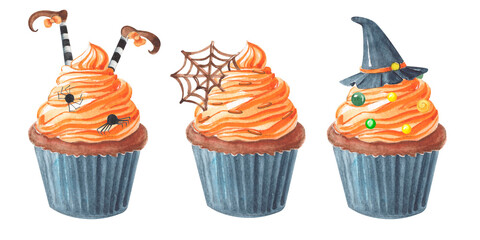 Set of bright watercolor Halloween cupcakes with orange cream. Party muffins with witch in striped socks, chocolate spider net and wizard hat.