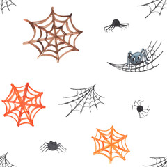 Simple seamless pattern with watercolor colorful spider net and cute black spiders on white background.