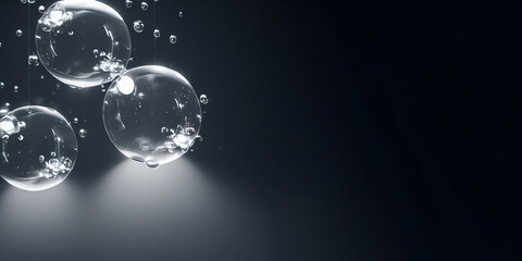 3D rendering of black and white soap bubbles floating in the air, post-modern minimalist atmosphere. High-tech, surreal feel. Can be used for banners, wallpapers, posters, invitations, and cards.