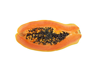 Ripe orange papaya exotic fruit with black seeds half cut top view flat lay isolated transparent png
