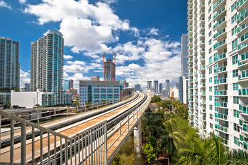 Miami downtown skyline and futuristic mover train view
