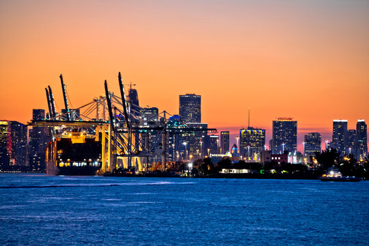 Port Of Miami Docks And Cranes Dusk View