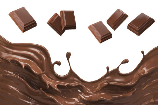 Melted Chocolate and splash with Chocolate Bar Background, 3d illustration.