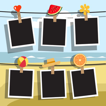 Photo frames on the background of the sea. Vector illustration.