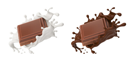 dark chocolate bar icon with milk and chocolate cream splash, 3d illustration.