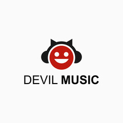 devil logo combination with music podcast headset silhouette vector illustration template
