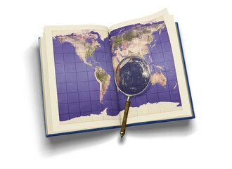 Old cartography book of world map with magnifying glass. PNG image with transparent background 