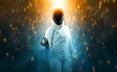 Fencer athlete wearing fencing costume holding the sword and mask. Isolated on black background with lights