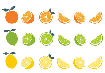 Big vector set of citrus fruits.Orange,lemon and lime icons on white background - obrazy, fototapety, plakaty