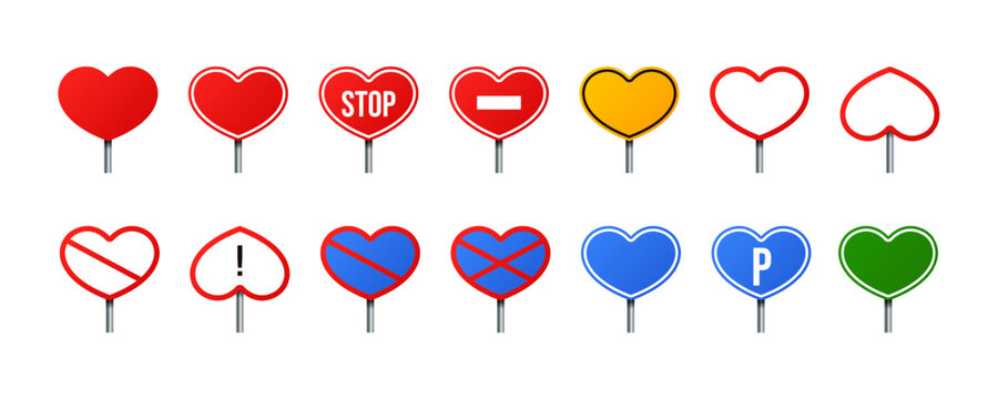 Vector illustration of heart shape road signs isolated on white background. Set of red heart traffic signs icons. Collection of realistic traffic control signs on metal poles. 
