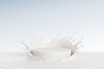 Milk splash with white podium, mockup background for milk product display, 3d rendering.