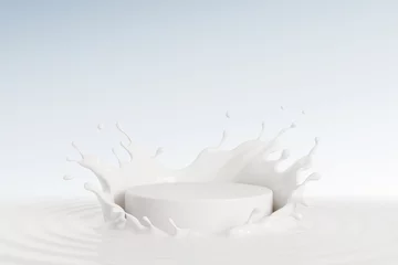 Rolgordijnen Milk splash with white podium, mockup background for milk product display, 3d rendering. © Anusorn