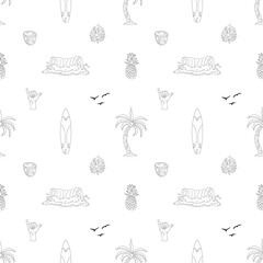 Seamless pattern with hand-drawn elements with a surf theme. Wave, surf, palm trees and more.