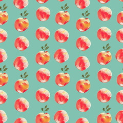 Hand-drawn style delicate abstract peaches illustration seamless pattern in front of green background, elegant natural retro design, can be used for wrapping paper, cards, and holiday banners.