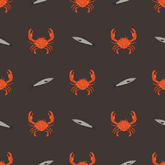 Fototapeta na wymiar Seamless pattern with crabs and fish. The concept of a seafood store, a restaurant menu, a print for clothes and more.