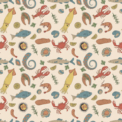 Seamless pattern with marine animals. Flat hand drawn vector illustration. For printing on menus, fish restaurants, packaging. Sea food.