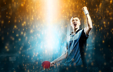 Table tennis player. Ping pong vinner. Sportsman celebrating flawless victory in table tenis. - obrazy, fototapety, plakaty