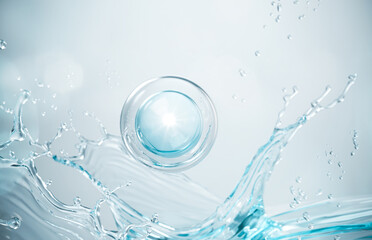 cosmetic moisturizer water molecule, Cosmetic Essence, Liquid bubble, Molecule inside Liquid Bubble on water background, 3d rendering