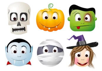 Fotobehang Halloween cartoon characters - skeleton (skull), jack-o-lantern (pumpkin), zombie, Dracula, mummy, witch - transparent background © PX Media